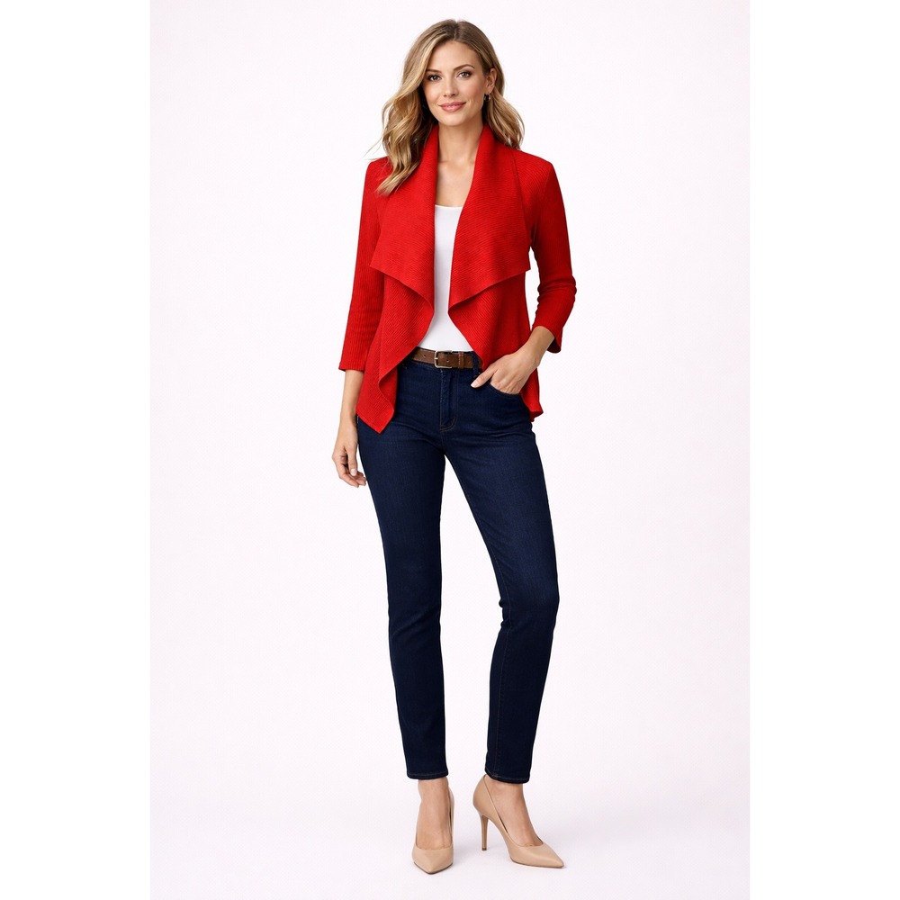 Jones New York Red Ribbed‎ Knit Cardigan Small Waterfall Open Front
